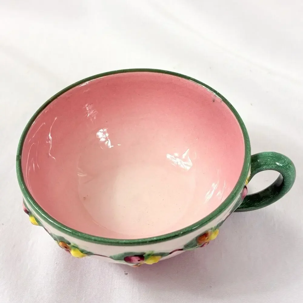 Vtg Italian Majolica Tea Cup & Saucer Pink Fruit Relief Pears Berries Italy 5233
